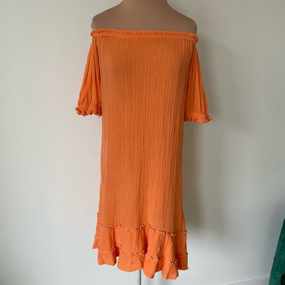 Free People Jen's Pirate Booty Cotton Orange Gauze Boho Off Shoulder Dress P/S - Picture 3 of 11